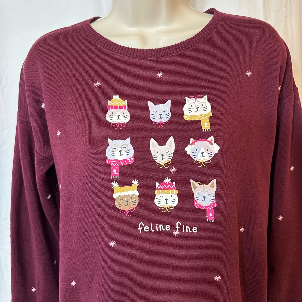 Lauren Conrad Feline Fine Cat Sweatshirt Womens S Burgundy Cozy Lounge Chic - Picture 3 of 6